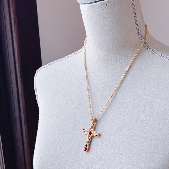 Signed JBK Camrose & Kross 18K Plated Byzantine Jasper Gemstone Cross Necklace - Picture 5 of 15